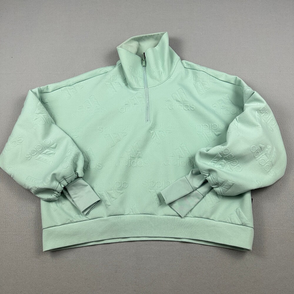 adidas Sweatshirt Women Extra Large Green Pullover 1/2 Zip Embossed Logo Cropped